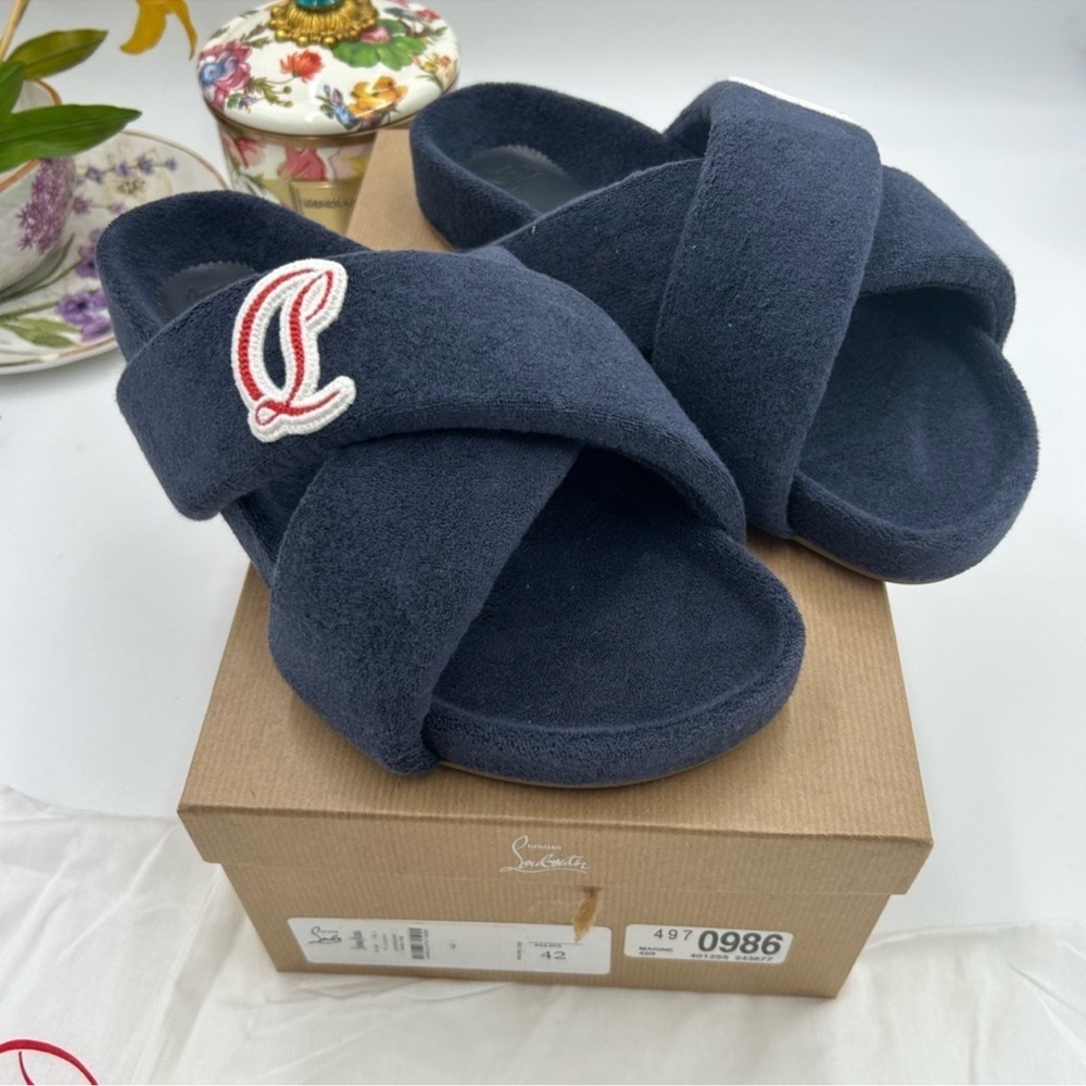 Men’s Christian Louboutin BIZZU cross strap Terry cloth slide size 42 made Italy